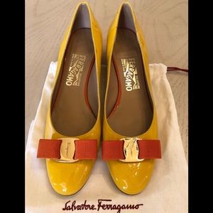 Salvatore Ferragamo Vara Bow  orange/canary yellow  8AA more like 7.5